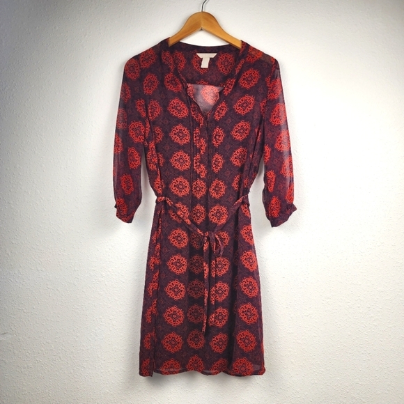 Banana Republic Printed Sheer-Sleeve Removable Slip Red and Black Dress - Size 2 - Picture 1 of 6